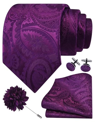 Image of GUSLESON Paisley Tie Set for Men 3.15 inch Necktie Lapel Pin Hankerchief Cufflinks Set for Men