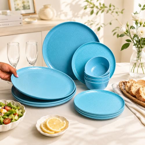 Image of Market99 Heavy-Duty Turquoise Hammered Melamine Dinner Set - 12 Pcs | Includes 4 Dinner Plates, 4 Side Plates & 4 Soup Bowls | Matte Finish Tableware for Daily Use, Kitchen & Dining Decor