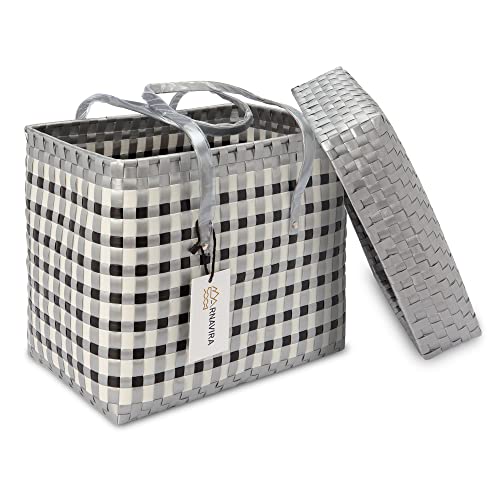 Image of Arnavira Handmade Multipurpose Basket with Lid 7.5L Used as Gift Hamper,Decorative Basket For Gifting,Basket For Puja (25 x 13 x 22 cm) (Silver White, Small)
