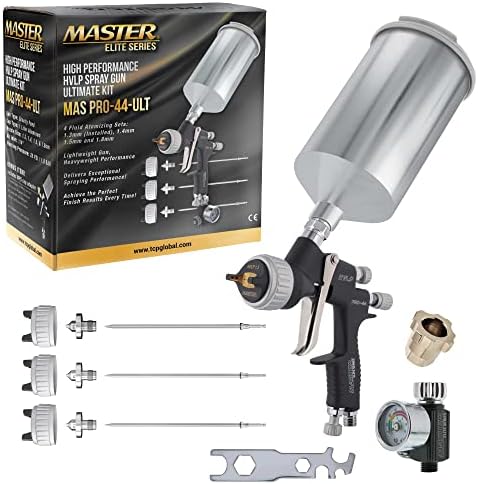Master Pro-44 Series High Performance HVLP Spray Gun Ultimate Kit with 4 Fluid Tip Sets 1.3, 1.4, 1.5 and 1.8mm and Air Pressure Regulator Gauge - Automotive Basecoats, Clearcoats, Primers Woodworking