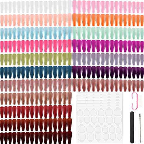 Nails Tips Kit 432 Pieces Extra Long Coffin Press on Nail Full Cover Ballerina Artificial False Nail with 144 pieces Double-Sided Fake Nail Adhesive Tab, Nail Clipper, Nail File, Brush (Stylish Color)