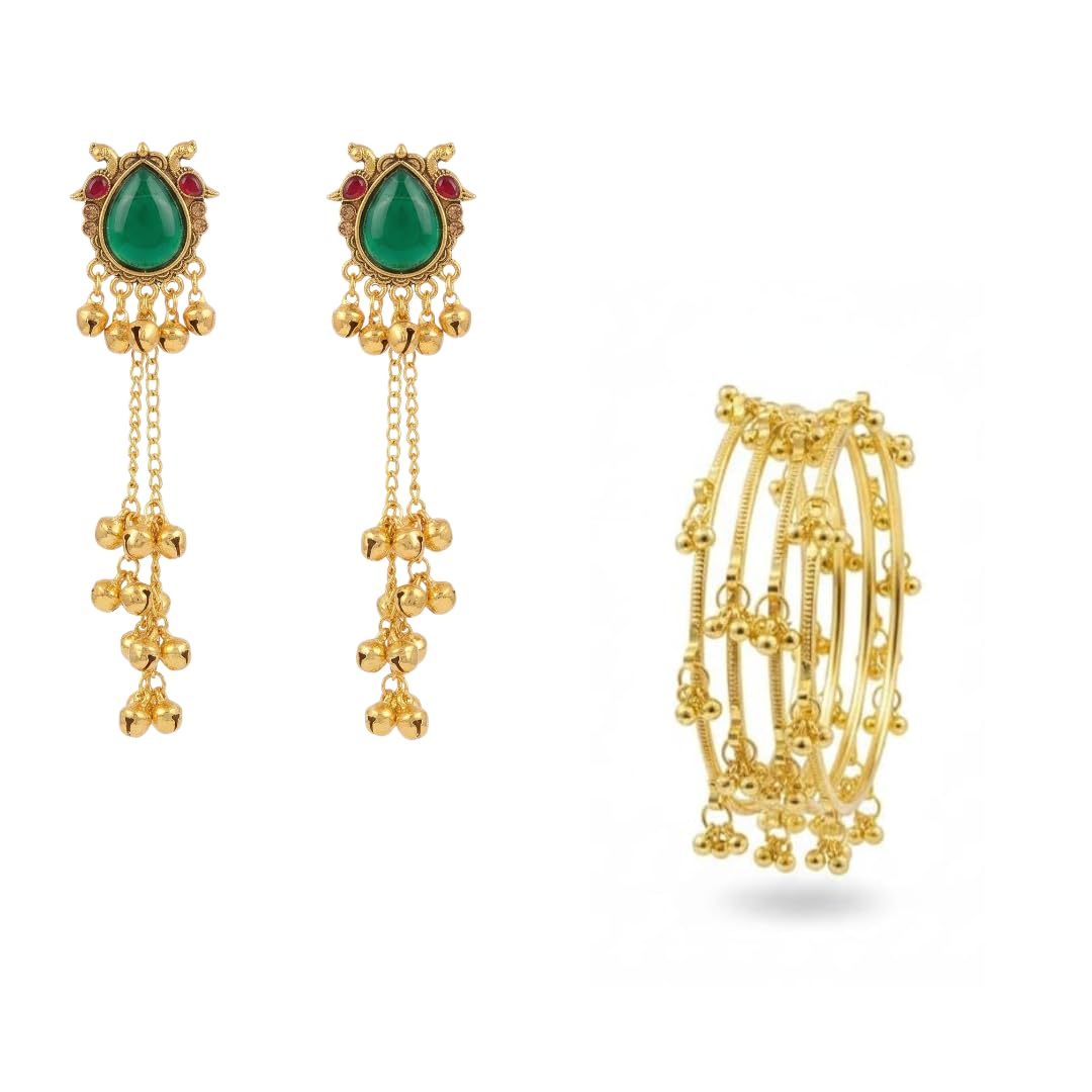 Kashmiri Green Stone Jhumki Earrings with Set of 4 Kashmiri Bangles for Women | Traditional Ethnic Jewellery Combo | Lightweight Daily & Occasion Wear-picture-27