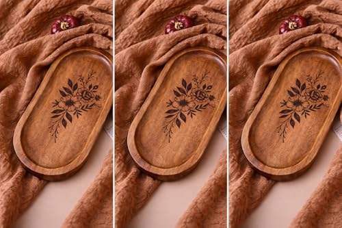 Image of Wooden Jewelry Tray, Oval Shape, L x B x H = 10 x 5 x 0.5 Inch Floral Design, Natural Wood Finish, Organizer for Rings, Necklaces, Earrings And Snacks Serving (Leaf 3)