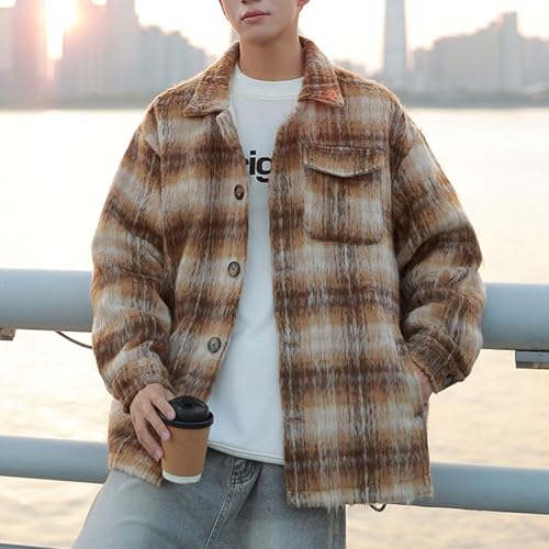 NATHGAM Men's Plaid Flannel Shacket Jacket Vintage Oversized Wool Blend Shirt Coats Teen Boys Outdoor Button Casual Outwear3