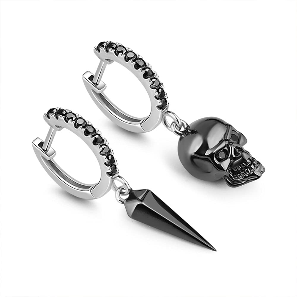 GNOCE Set di Orecchini Teschio e Pugnale in Argento Sterling Placcato in Nero Orecchini Pendenti Teschio con Amore e Zirconia Cubica Nera Orecchini Pendenti di Moda Regalo di Gioielli per Donne Uomini