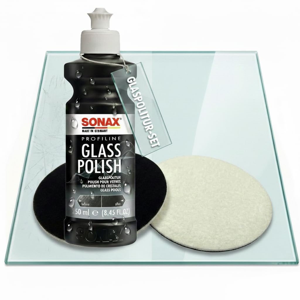 Glaspoliturset bestehend aus einer SONAX 250ml Glass Polish + 2 Stück Flexipads Ø135mm Glas-Polierpads