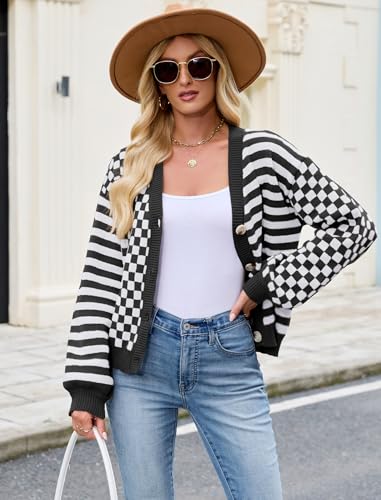 ZAFUL Womens Striped Cardigan Sweaters V Neck Open Front Button Up Checkered Knit Fall Winter Coat Outerwear3