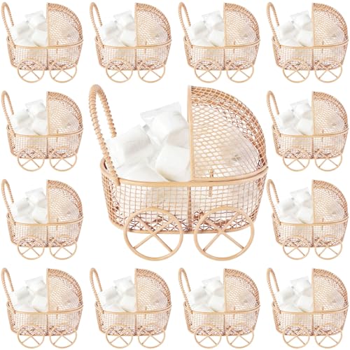 Image of Threehoney 12 Pcs Baby Shower Mini Carriage Decoration Brown Bear Color Metal Wired Fillable Candy Stroller Baby Shower Table Centerpiece for Guest Gender Reveal Wedding Party Favor Gift
