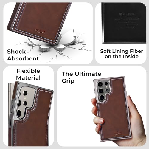 Image of PULOKA Chrome Leather Back Case - Compatible with Samsung Galaxy S23 Ultra - Luxury Bumper Case - Flexible Vegan Leather - Electroplated Sides - Full Camera Protetection & Raised Edges - Brown