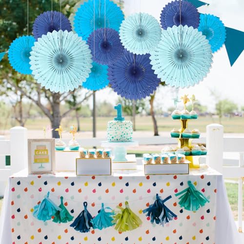 Image of 18 Pcs Blue Set Hanging Paper Fan, Hanging Honeycomb Round Paper Fans for Weddings, Birthdays, Baby Showers, Classroom, Events Ceiling Party Supplies Decorations