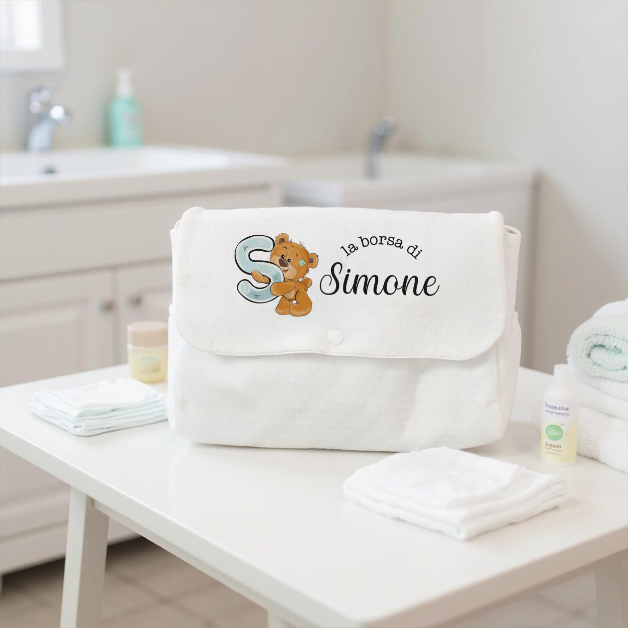Generico Borsa Fasciatoio per Neonato Personalizzato con Nome e Orsacchiotto Regalo Festa Mamma Natale Nascita Cambio Pannolini