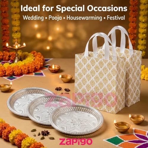 Image of Habba Silver Decorative Plate with Laminated Carry Bag, 7 Inch Pooja Thali, Traditional Return Gift for Diwali, Navratri, Wedding, Housewarming, Baby Shower, Festivals - Pack of 5