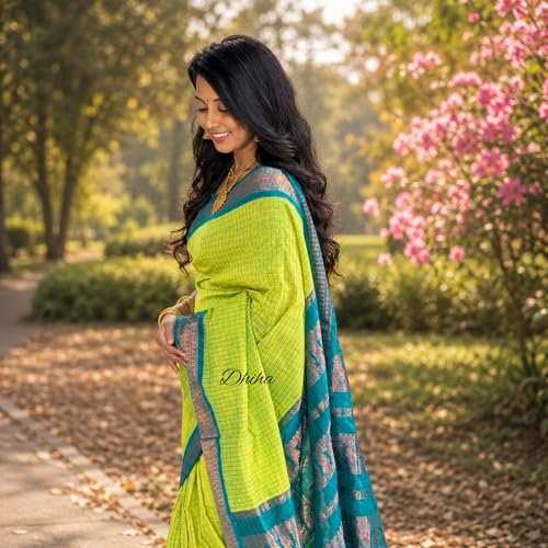Image of Gadwal Cotton Silk Checked Saree for Women | Pure Kalyani Cotton Checked Saree with Zari Border Tassels & Blouse | Kanjivaram Linen Silk | Handloom Weave