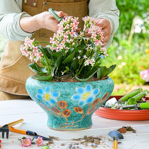 Image of Sungmor 9.6 Inch Large Succulent Plant Pots, Pretty Hand Painted Ceramic Planter with Drainage, Indoor Outdoor Cactus Planter Bonsai Pot, Flower Pot for Indoor Plants Garden Windowsill Desktop Decor