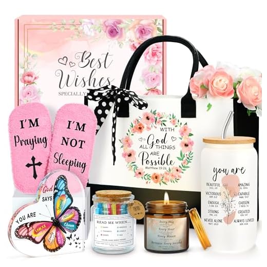 Christian Gifts for Women Faith Based Gift Inspirational Gifts for Women Birthday Unique Catholic Gift Bible Accessories Inclue Bible Verse Jar Butterfly Decorations Socks Glass Can Candles Tote Bag