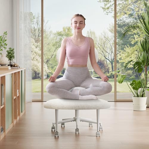 Image of Pinmoco Ergonomic Cross Legged Office Chair with Wheels, ADHD Chair for Adults, Meditation Chair, Yoga Office Chair, Comfortable Back Support, Height Adjustable,Small Spaces, Teddy Fabric, White