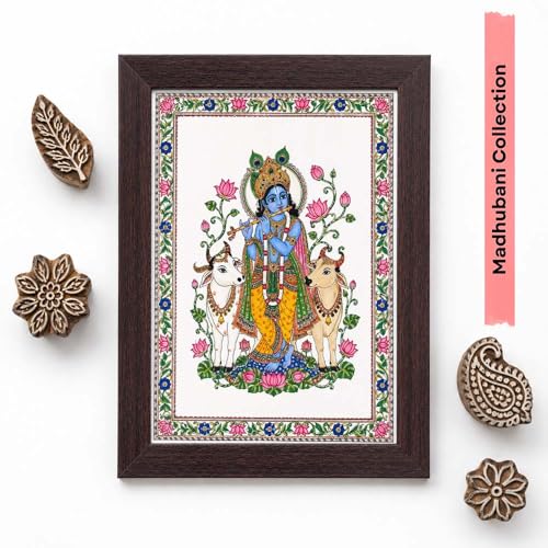 Image of PAPER PAJAMA Lord Krishna with Cow Wall Art for Living Room | Madhubani Krishna Flute Painting | Traditional Mithila Religious Framed Decor for Home, Temple & Office (10x13 Inches)
