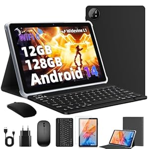 Android 14 Tablet, 10 pulgadas Tablet con Bluetooth 5.4, 12GB RAM+128GB ROM (Expandir hasta 1TB), Octa-Core Android Tablet, 1280×800 IPS HD Pantalla Táctil, WiFi 6, Doble Cámara, 6000mAh, Widevine L1
