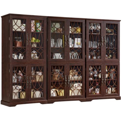 Image of Joaxswe 67 inch Tall Pantry Cabinet Set of 3, Vintage Kitchen Pantries Cabinets with Glass Doors & Adjustable Shelves, Wood Cupboard with Large Storage for Dining Room, Bathroom, Walnut