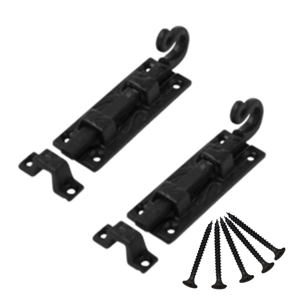 Antique Black Door Bolt Straight Curly Tail 75mm Cast Iron Ornate Door Bolts Sliding Gate Bolt Bedroom Latch Lock Door Bolt Heavy Duty Barrel Bolt with Matching Screws Pack of 2.