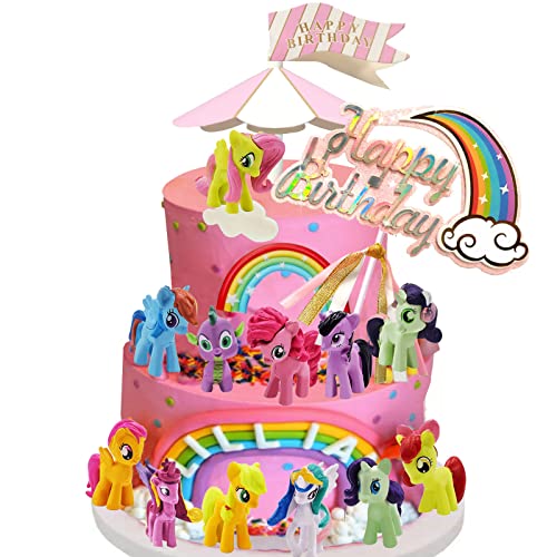Decoración para tartas de unicornio para cumpleaños, figuras de unicornio, arcoíris de carrusel Happy Birthday Topper para niños y niñas Cover