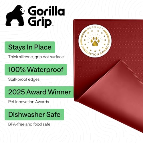 Image of GORILLA GRIP 100% Waterproof Raised Edge BPA Free Silicone Pet Feeding Mat, Dog Cat Food Mats Contain Spills Protects Floors, Placemats for Cats and Dogs Water Bowl, Pets Accessories 18.5x11.5 Red