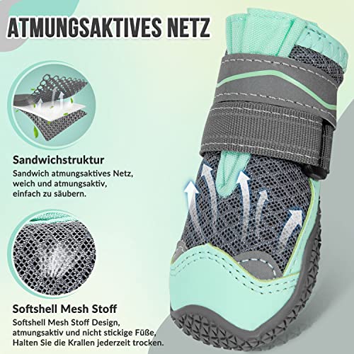 Eyein Hundeschuhe Pfotenschutz, 2 Stück atmungsaktiv Hundeschuhe mit Rutschfester Sohle und reflektierendem Klettverschluss für kleine, mittlere und große Hunde, Sport im Freien, Grün, Größe 4