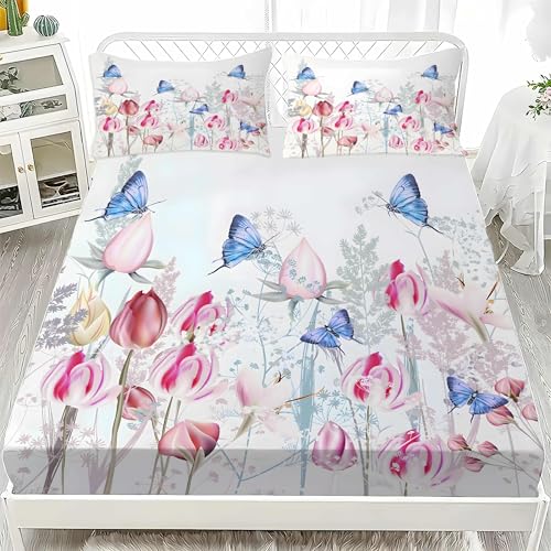 チューリップダブルベッド シーツ蝶ベッドカバー柔らかい通気性マイクロファイバー 3点セット防ダニ高反発 吸水 速乾 抗菌 防臭 防ダニと 2 枕カバー43x63 cm着脱簡単 丸洗い可能 マットレスカバー140x200x30 cm