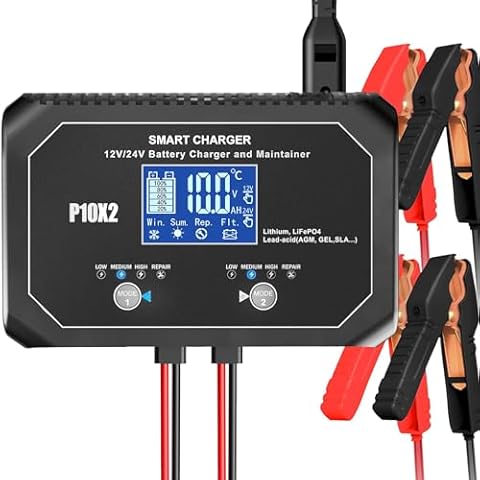 2-Bank 20A(10A/Bank) Car Battery Charger, 12V 24V Automatic Automotive Charger, Battery Maintainer, Trickle Charger for Car, Motorcycle, Marine, Boat, Lead-Acid, Lithium, LiFePo4 Battery Cover