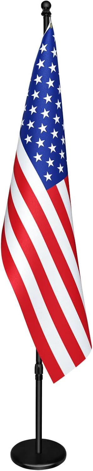 Indoor Flag pole with Base,Telescoping Flag Pole 6FT-8FT, Flagpoles Rotate 360 Degrees, 3X5ft American Flag. Suitable for Office, Auditorium, School, Use(Black-US)