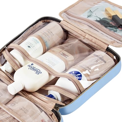 Image of NISHEL Travel Toiletry Bag for women, Portable Hanging Organizer for Full-Sized Shampoo, Conditioner, Brushes Set, Travel-Size Accessories, Placid-Blue, Large, Stylish