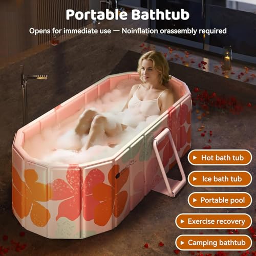Image of Portable Foldable Adult Bathtub for Home, Large Plastic Soaking Tub with Drain Pipe, Freestanding Spa Bath Tub for Hot & Cold Bath, Balcony & Small Bathroom Use (Peach Blossom)