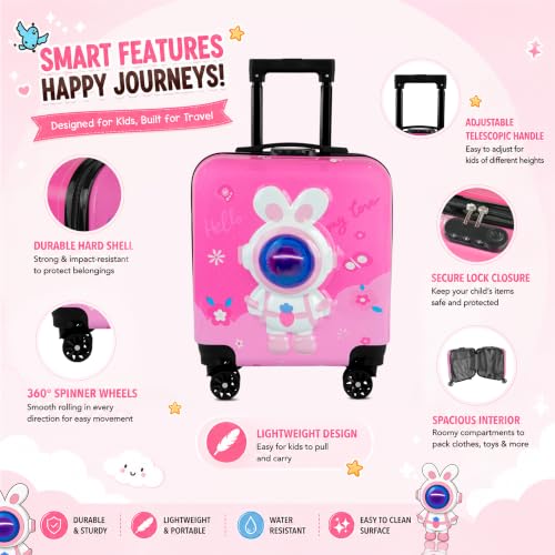Image of Storite 18In Kids Luggage Trolley Hard Shell Cabin Suitcase | Cartoon Rabbit Astronaut Design Suitcase Ideal For School Trips Vacations Holidays And Weekend Travel(Pink-35 x 23 x 38 Cm)