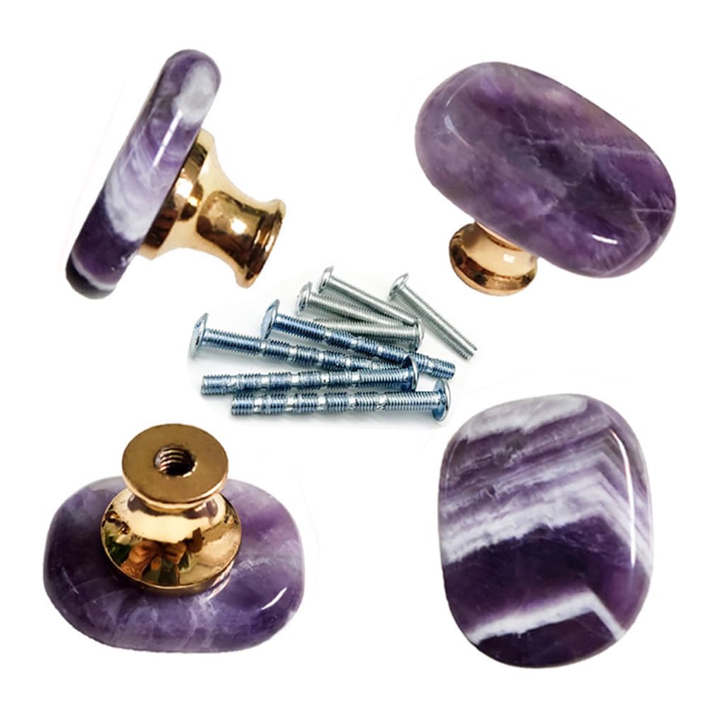 Youyouulu Amethyst Uulu 4Pcs -Stone-Dresser-Knobs, Purple-Crystal-Cabinet-Gems-Knob, Cupboard-Gemstone-Pulls-Handles For Furniture Door Diy With Screws (Amethyst)