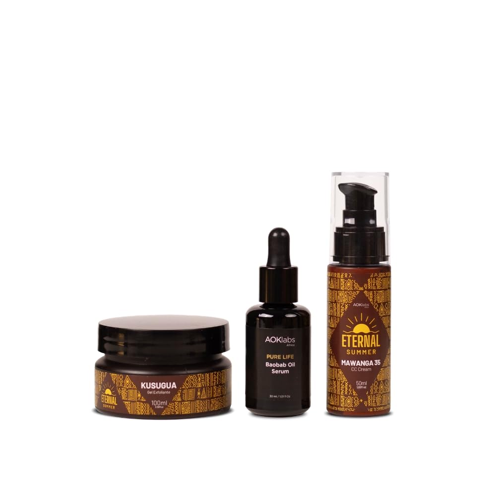 Rutina Hi & Bye Acné - Kusugua Gel Exfoliante + Baobab Oil Serum + Mawanga CC Cream spf 35