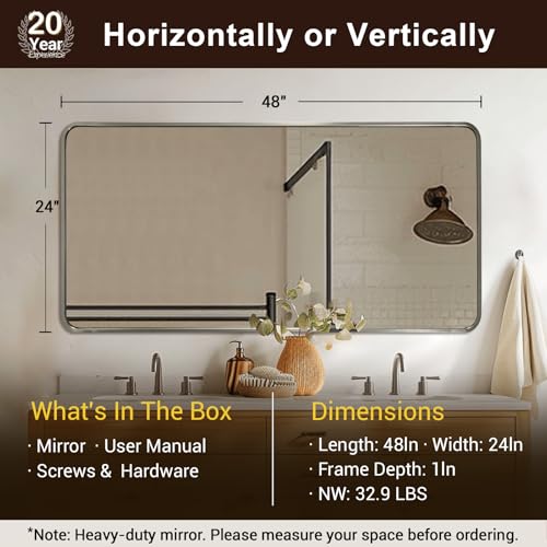 Image of ANDY STAR 24x48'' Brushed Nickel Bathroom Vanity Mirror for Over Sinks, Rounded Rectangle Bathroom Wall Mirror in 1'' Rustproof Tube Metal Frame Mirror Decorative Wall-Mounted Horizontal /Vertical