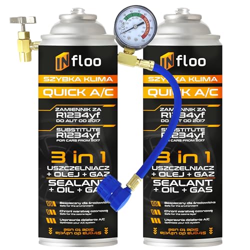INfloo Quick A/C Sostituto del gas R1234yf 3 in 1, 2x185 g + tubo con manometro LP, gas olio sigillante UV per climatizzatore auto dal 2017