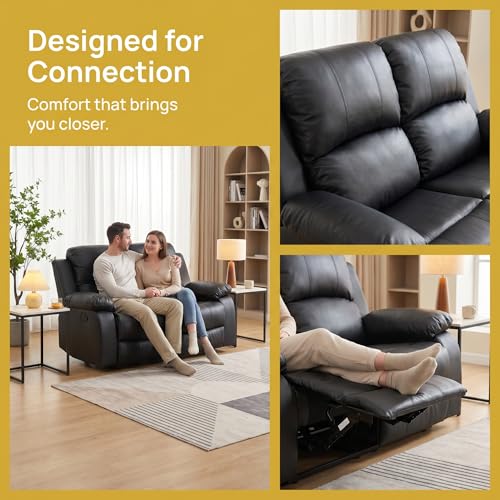 Image of Leather Recliner Loveseat Set, Comfortable Power Leather Sectional Set with USB Charging Port, Modern Ergonomic Spacious Sectional Couch for Living Room, Apartment, Home Theater, Black