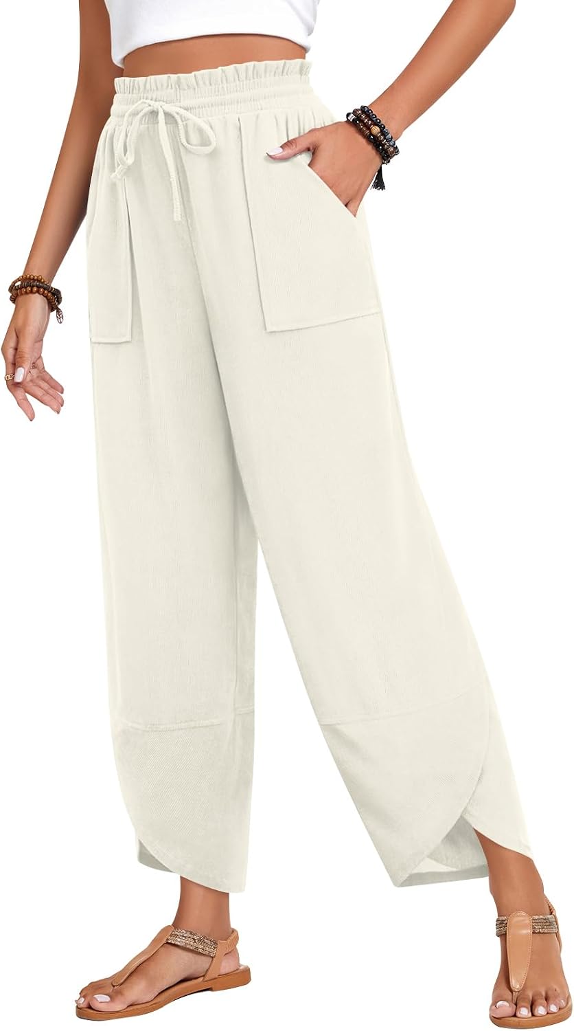Anyhold Womens Baggy High Waisted Wide Leg Lounge Pants Drawstring Casual Palazzo Pants Trousers with Pockets