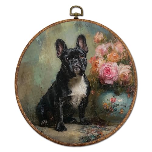DOFQZ Vintage Floral French Bulldog Round Wall Art Decor, Cottagecore French Bulldog Framed Wall Art, Frenchie Gifts for Women Canvas Wall Hanging Decor for Home Bedroom Living Room, 10x10