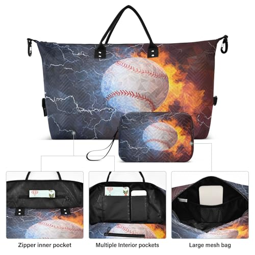 Funny Baseball Ball Fire Water Large Travel Duffle Bag Weekender Overnight Bags Gym Yoga Bag for Women Men with Toiletry Bag2