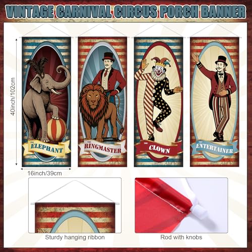 Image of Panelee 4 Pcs Vintage Carnival Circus Party Decorations Circus Clown Elephant Ringmaser Porch Banner Side Show Party Hanging Backdrop for Halloween Birthday Baby Shower Wall Indoor Outdoor Decor
