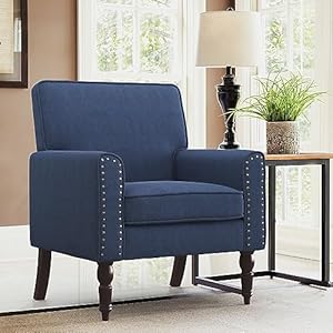 LUE BONA Nail-Head Trim Living Room Chairs, Linen Fabric Arm Chair for Bedroom, Single Sofa Side Chair for Living Room, Dark Blue Accent Chair