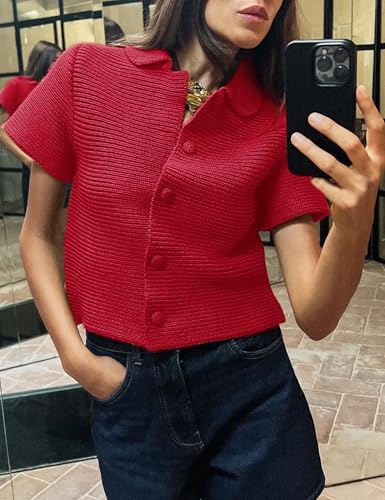 Tanming Womens Cardigan Sweaters Soft Chunky Knit Top Short Sleeve Button Loose Outerwear Sweater2
