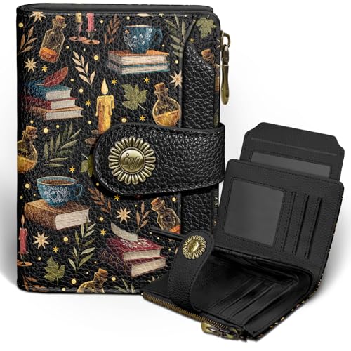 Icycay Book Witchy Wallet Women Small RFID Blocking Bifold Credit Card Holder Zipper Coin Pocket PU Leather Compact Travel 4 ID Window 14 Card Slots Cash Purse Ladies Woman Female Girls