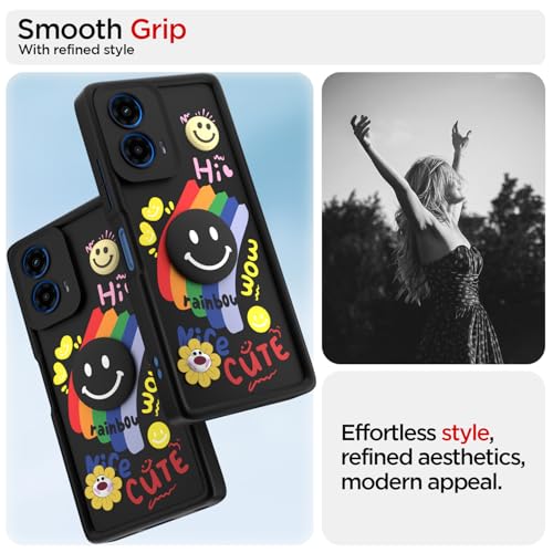 Image of Pikkme Back Cover for Motorola Moto G34 / G45 5G | Soft Silicone| Cute Rainbow Smile & 3D Cartoon Flower Design | Shockproof Raised Camera Protection Bumper Case (Black)