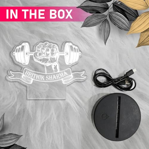 Image of 3D Illusion Gym Theme Hand with Weight Fitness Led Desk Table Lamp | Personalized with Name | Gift for Gym Lover & Gym Trainer | Warm White Light & USB Powered