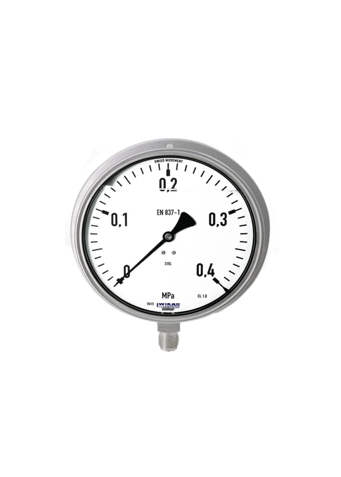 Manómetro de tubo Bourdon de 0-0,4 MPa, 233.50.160, radial trasero con borde M20 x 1,5, totalmente de acero inoxidable
