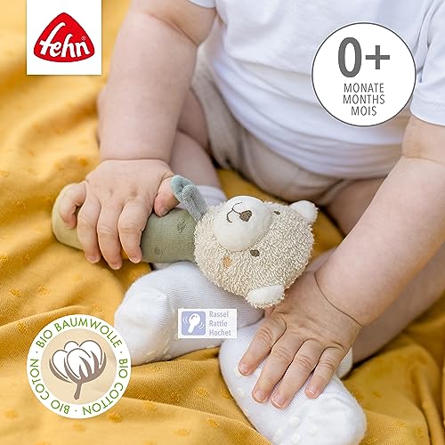 Fehn Stabgreifling Baby fehnNatur Spielzeug Bär - Motorikspielzeug mit Rassel zum Kuscheln - Kuscheltier Greifling aus Baumwolle aus biologischem Anbau - Babyspielzeug für Kleinkinder ab 0+ Monaten