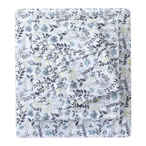 Image of Mooreeke Cozy Vintage Microfiber Printed King Sheet Set - Soft Breathable Percale Cotton Floral Bed Sheets with Deep Pocket - Non-Slip Fitted Design - Yellow Blue Gray Gradient Flowers Pattern